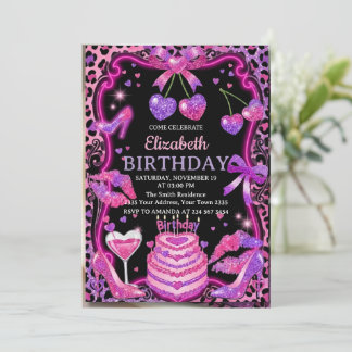 Invitación de cumpleaños de cereza leopardo rosa