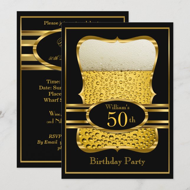 Invitación de cumpleaños de cerveza negra dorada (Anverso / Reverso)
