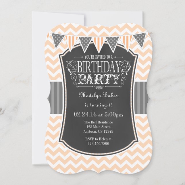 Invitación de cumpleaños de Chalkboard Chevron (Anverso)