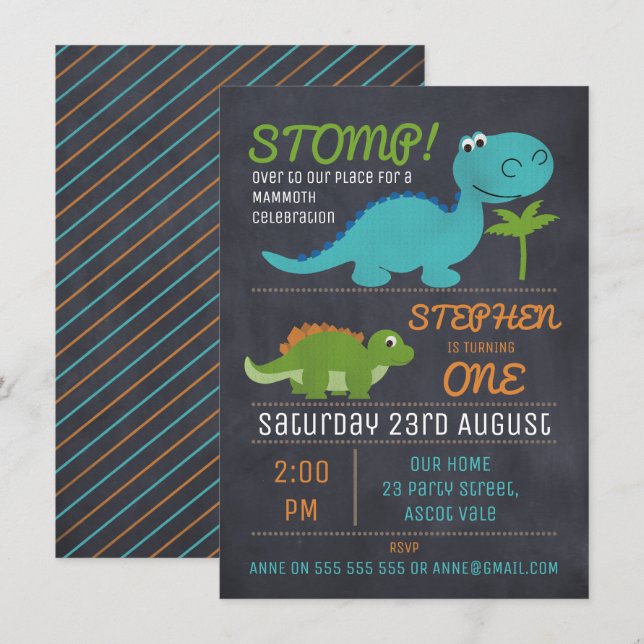 Invitación de cumpleaños de Chalkboard Cute Dinosa (Anverso / Reverso)
