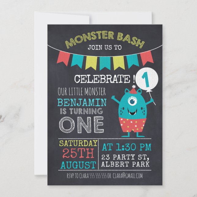 Invitación de cumpleaños de Chalkboard Monster 1sr (Anverso)