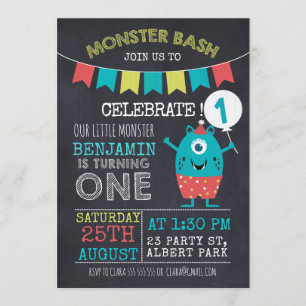 Invitación de cumpleaños de Chalkboard Monster 1sr