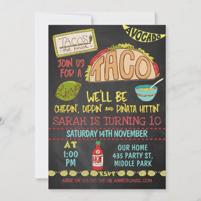 Invitación de cumpleaños de Chalkboard Taco Chippi (Anverso)