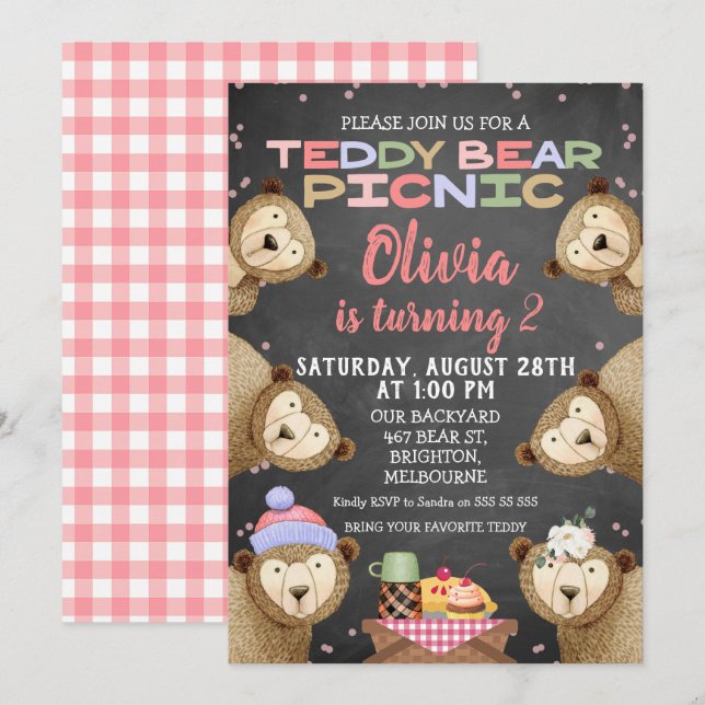 Invitación de cumpleaños de Chalkboard Teddy Bear  (Anverso / Reverso)