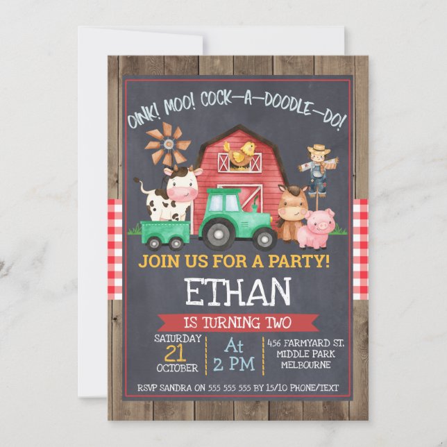 Invitación de cumpleaños de Chalkboard Tractor de  (Anverso)