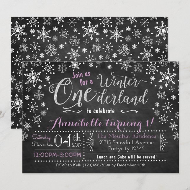 Invitación de cumpleaños de Chalkboard Winter ONEd (Anverso / Reverso)