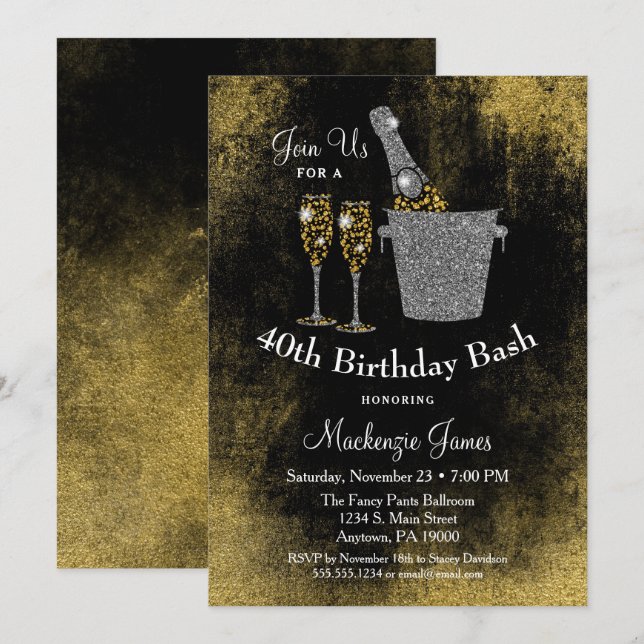 Invitación de cumpleaños de Champagne Plata de oro (Anverso / Reverso)
