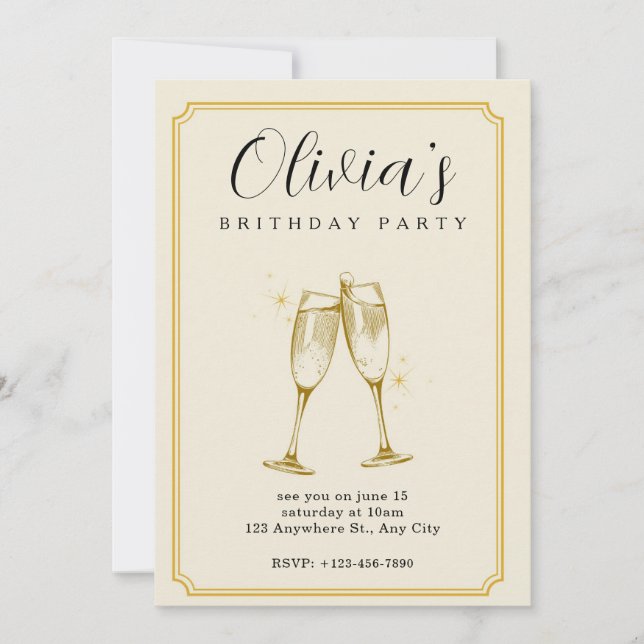 Invitación de cumpleaños de champán personalizada (Anverso)