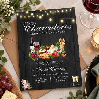 Invitación de cumpleaños de charcutería BYOB negra