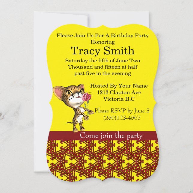 Invitación de cumpleaños de Cheetha para fiesta co (Anverso)
