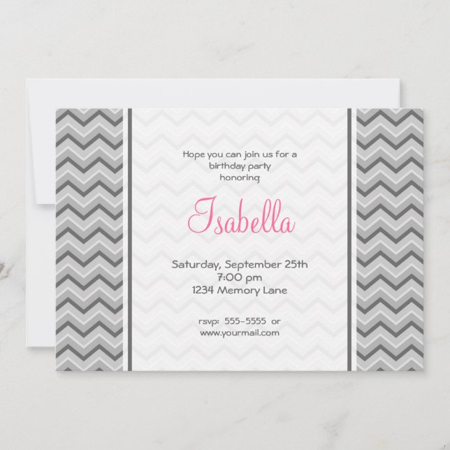 Invitación de cumpleaños de Chevron gris y rosa (Anverso)
