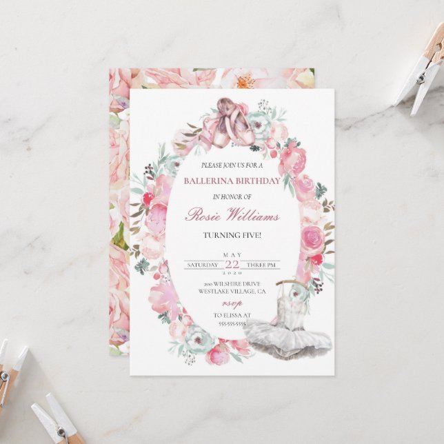 Invitación de cumpleaños de Chica Ballerina Rosa (Anverso/Reverso In Situ)