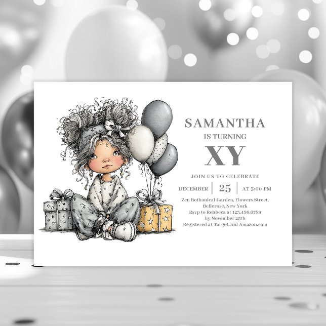 Invitación de cumpleaños de chica con boceto moder (Modern Sketch Girl Birthday Black Gold invitation)