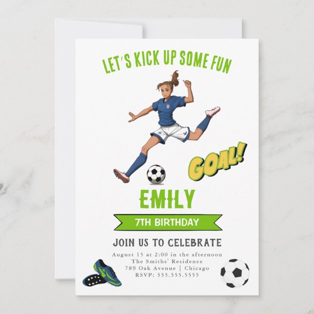 Invitación de cumpleaños de Chica de fútbol (Anverso)