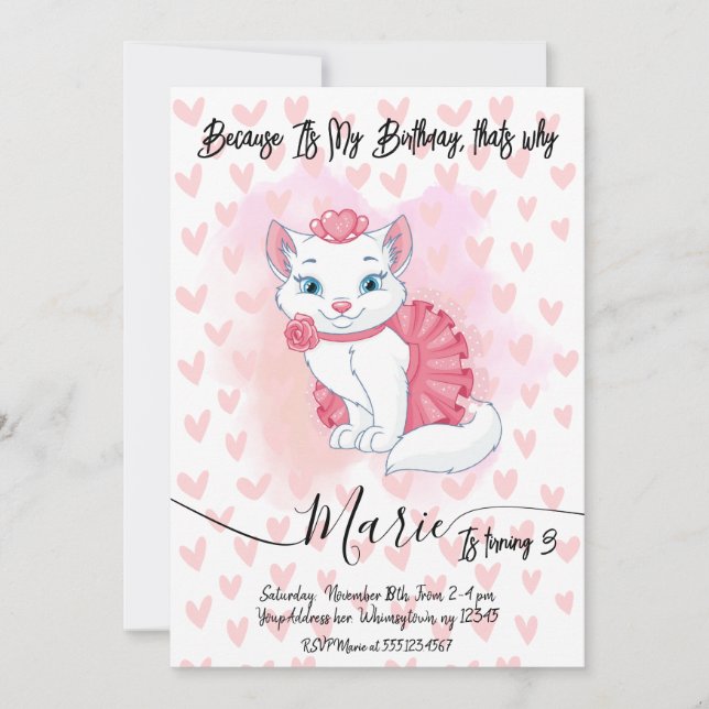 Invitación de cumpleaños de chica de gato lindo. (Anverso)
