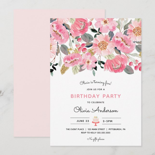 Invitación de cumpleaños de Chica de jardín floral (Anverso / Reverso)
