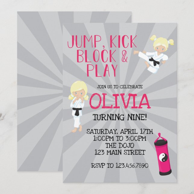 Invitación de cumpleaños de chica de karate rosa d (Anverso / Reverso)