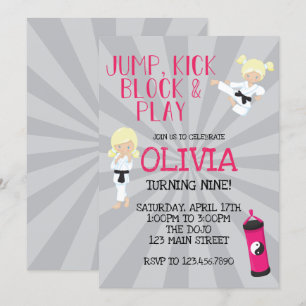 Invitación de cumpleaños de chica de karate rosa d