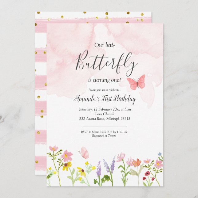 Invitación de cumpleaños de chica de mariposa pequ (Anverso / Reverso)
