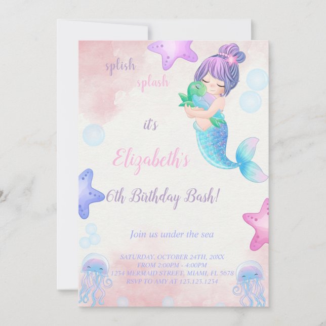 Invitación de cumpleaños de Chica de Sirena Cuta (Anverso)