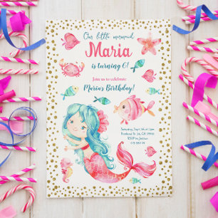 Invitación de cumpleaños de Chica de Sirenas Rosad
