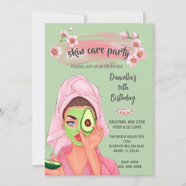 Invitación de cumpleaños de chica de spa verde sag (Anverso)