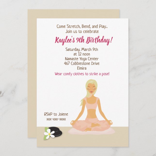 Invitación de cumpleaños de Chica Fiesta de yoga (Anverso / Reverso)