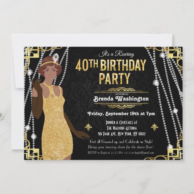 Invitación de cumpleaños de chica flapper afroamer (Anverso)