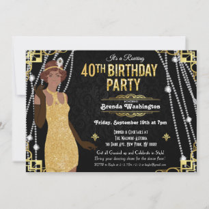 Invitación de cumpleaños de chica flapper afroamer