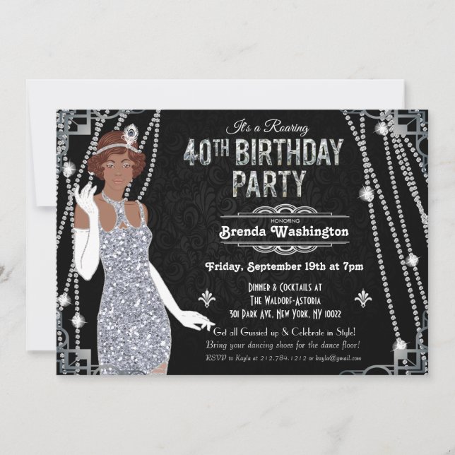 Invitación de cumpleaños de chica flapper afroamer (Anverso)