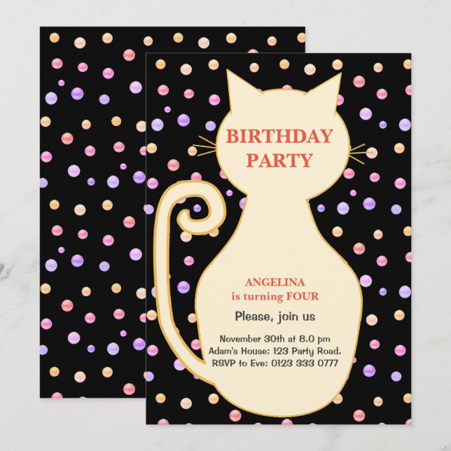 Invitación de cumpleaños de chica gato (Anverso / Reverso)