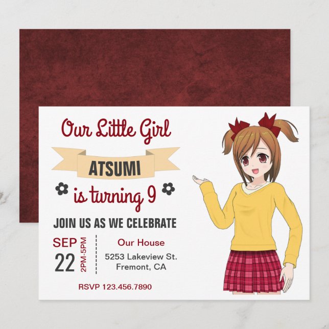 Invitación de cumpleaños de chica linda de anime j (Anverso / Reverso)