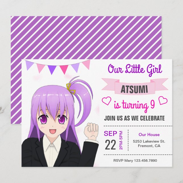 Invitación de cumpleaños de chica linda de anime j (Anverso / Reverso)