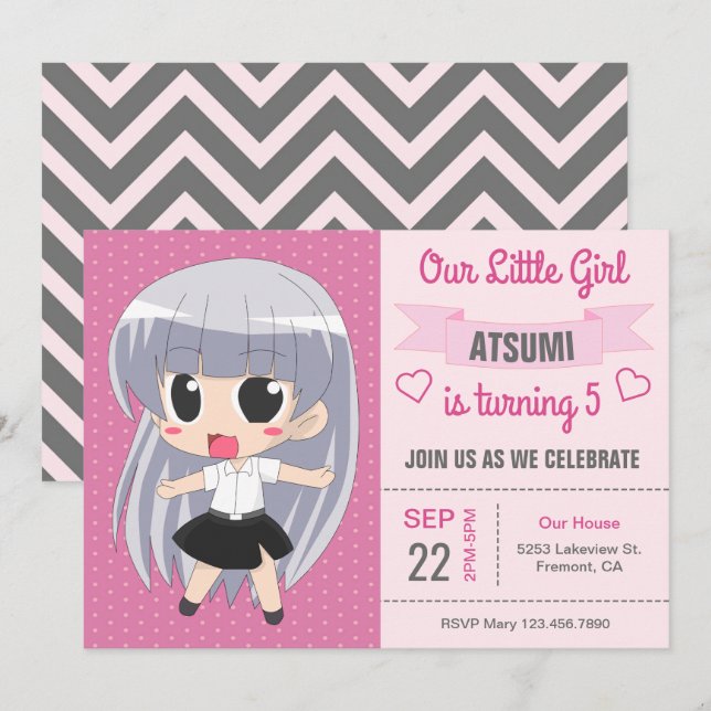 Invitación de cumpleaños de chica linda de anime j (Anverso / Reverso)