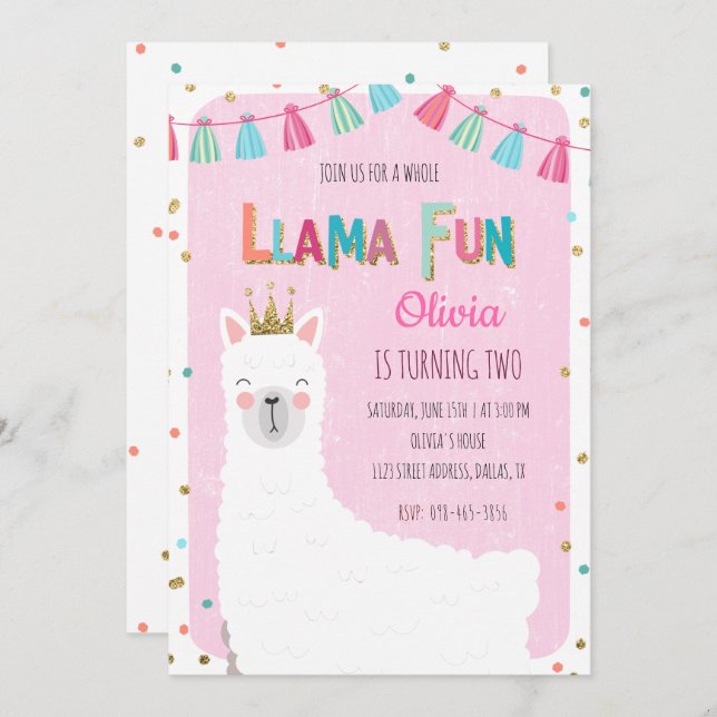 Invitación de cumpleaños de chica Llama (Anverso / Reverso)