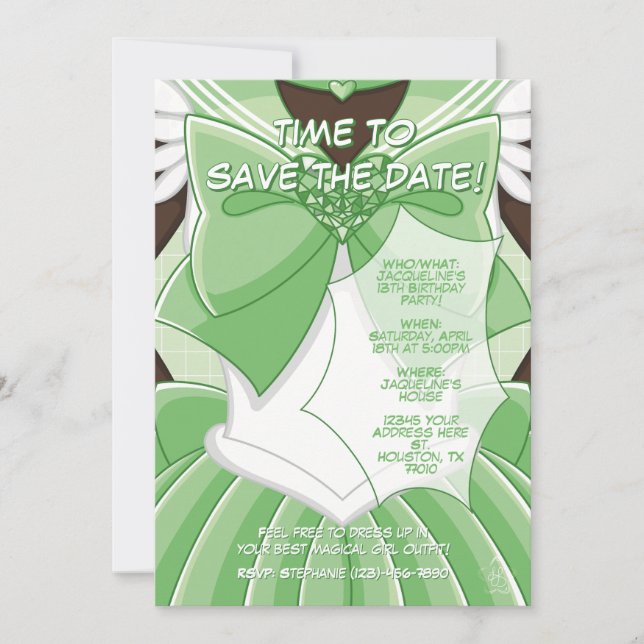 Invitación de cumpleaños de chica mágica verde [SK (Anverso)
