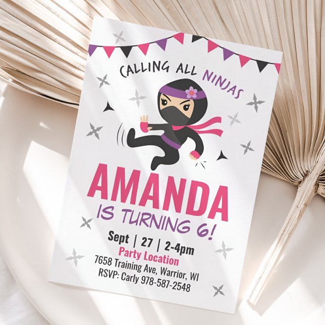 Invitación de cumpleaños de Chica Ninja, karate ro (Girl Ninja Birthday Invitation)