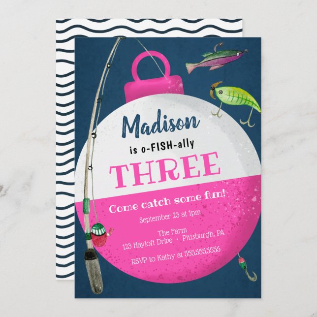 Invitación de cumpleaños de chica Pescador O-FISH  (Anverso / Reverso)