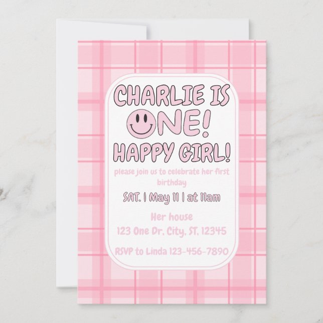Invitación de cumpleaños de Chica Pink One Happy (Anverso)