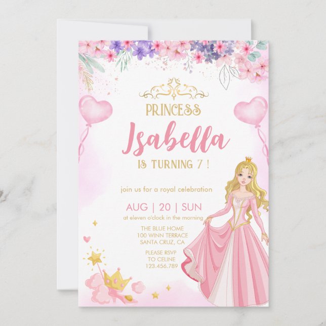 invitación de cumpleaños de Chica princesa (Anverso)