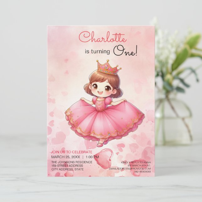 Invitación de cumpleaños de Chica Princesa Rosa (Anverso de pie)