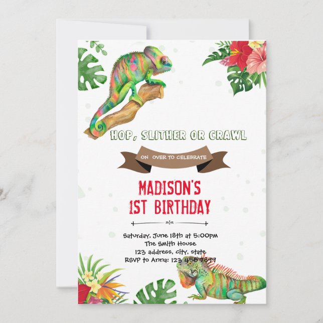 invitación de cumpleaños de chica reptil (Anverso)