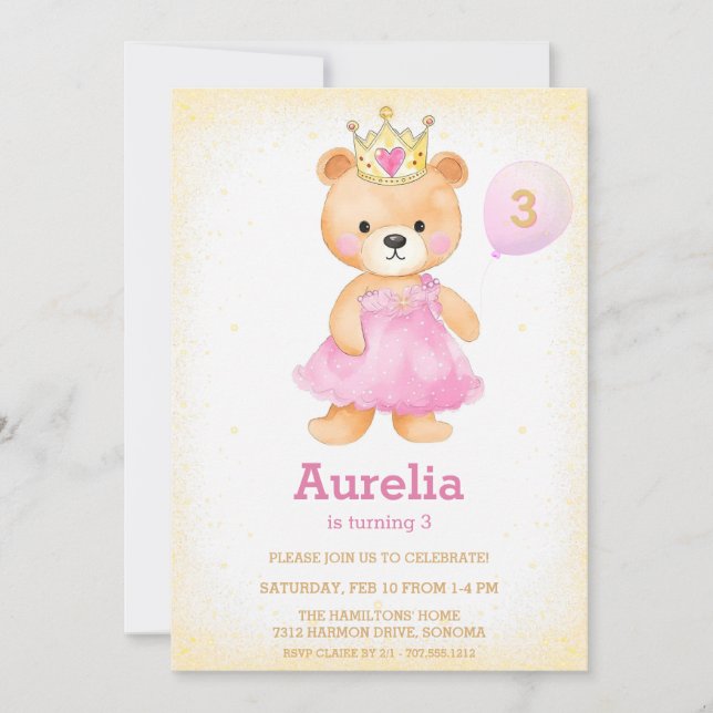 Invitación de cumpleaños de chica rosa del oso pri (Anverso)