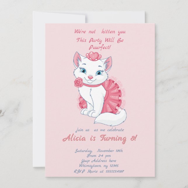 Invitación de cumpleaños de chica rosado gatito. (Anverso)