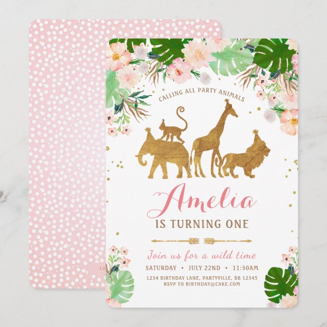Invitación de cumpleaños de chica Safari Pink Gold (Anverso / Reverso)