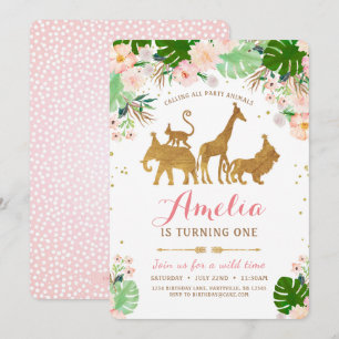 Invitación de cumpleaños de chica Safari Pink Gold