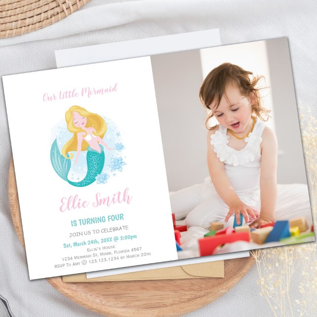 Invitación de cumpleaños de Chica Sirena con foto (Mermaid Girl Birthday Invitations with photo)