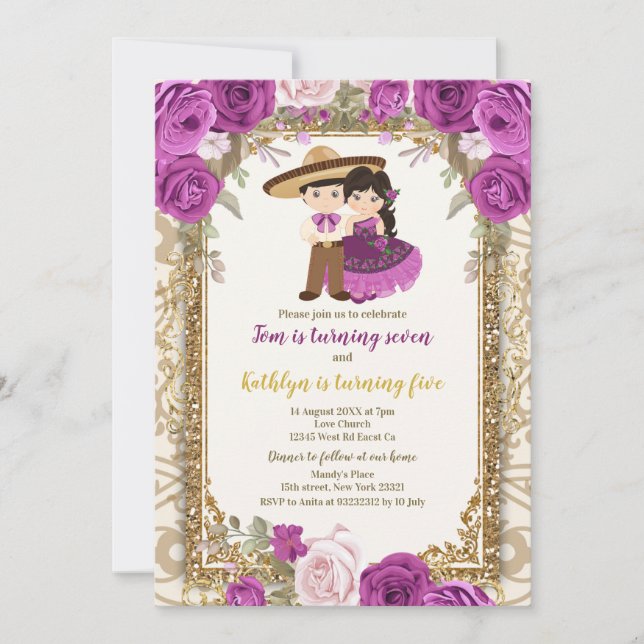Invitación de cumpleaños de chica y niño morado y  (Anverso)