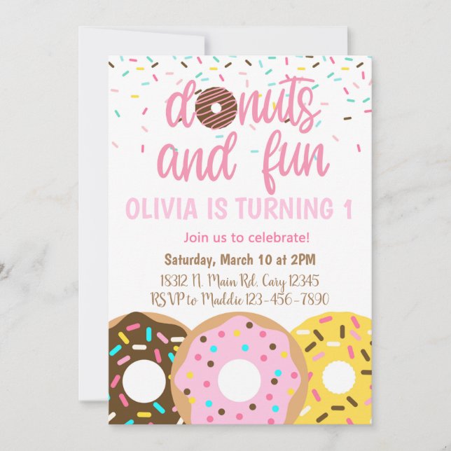 Invitación de cumpleaños de chicas Donuts, donut y (Anverso)