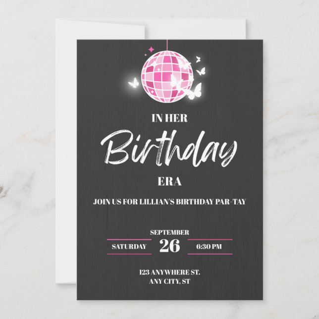 Invitación de cumpleaños de chicas en su era de cu (Anverso)